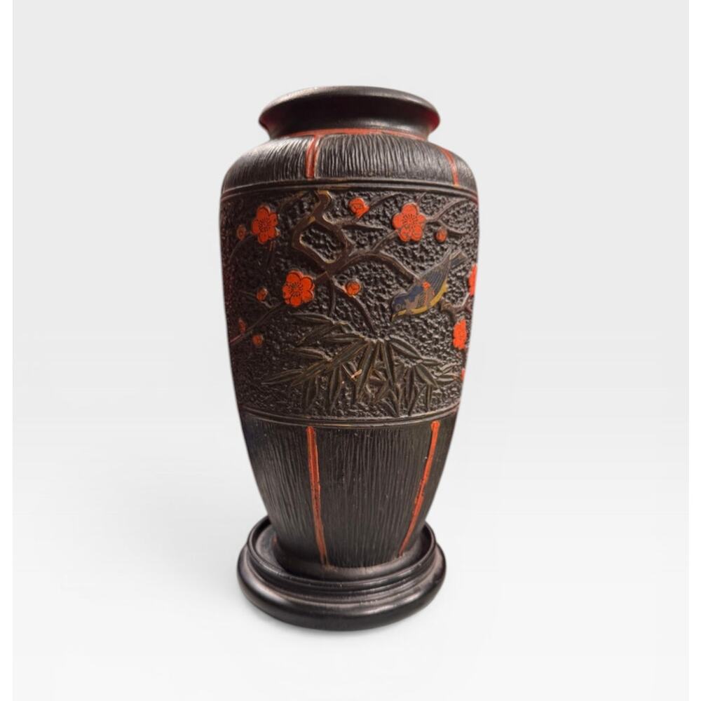 Vintage Japanese Tokanabe Ware Black Red Pottery Vase Birds Japan Hand Painted